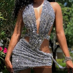 NWT Alglist glist bodysuit silver sequin halter open back sexy party dress sz S